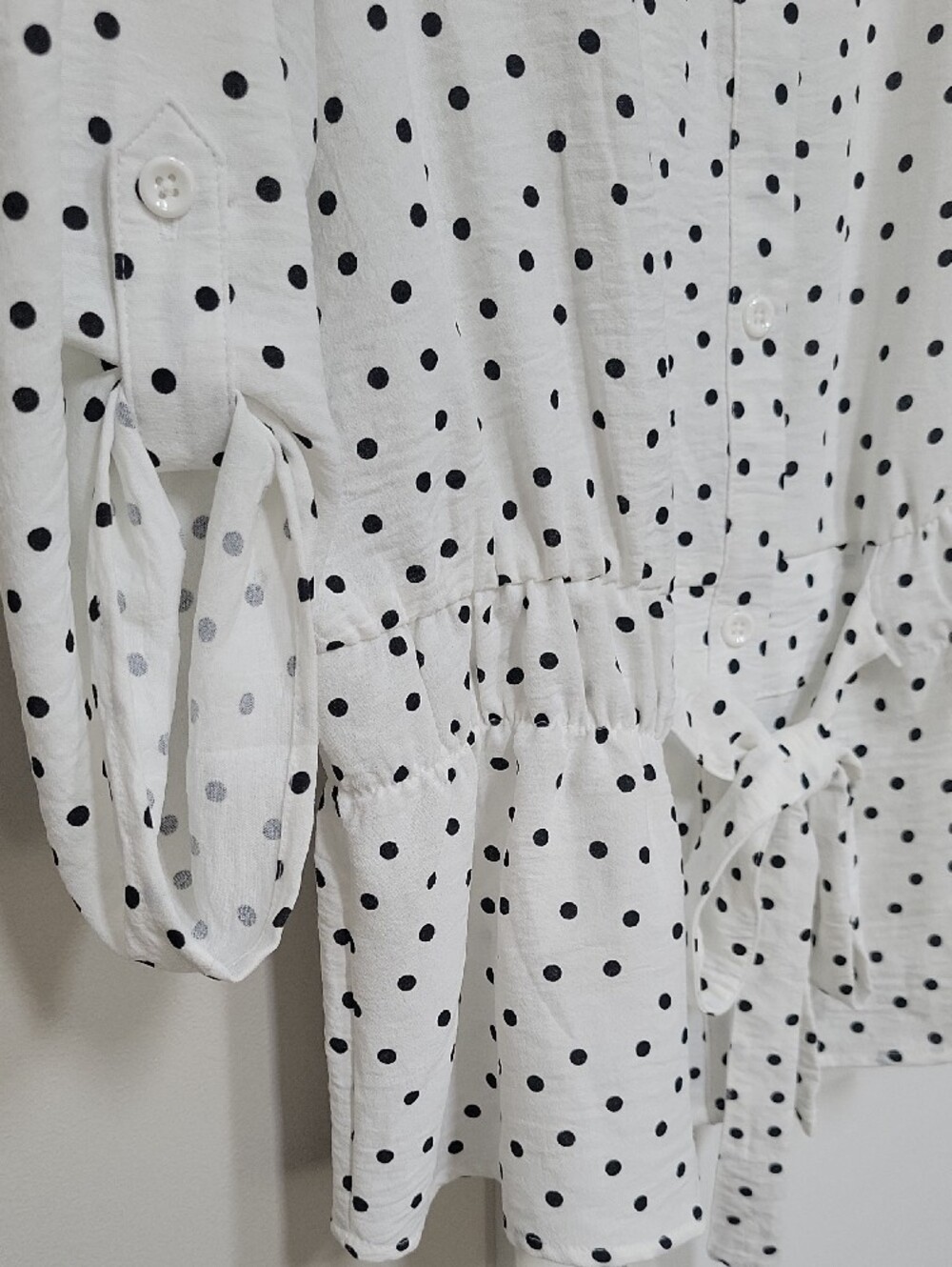 Polka Dot Drawstring Waist Blouse - White/Black - Picture 3 of 6